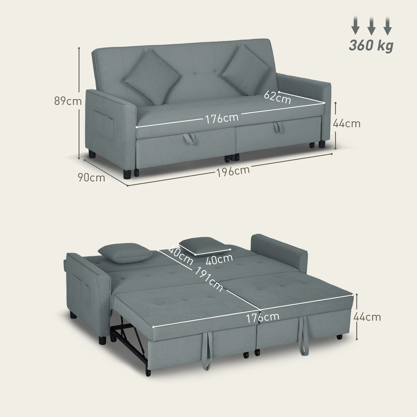 Clic Clac 3-Seater Sofa Bed with Reclining Backrest and 2 Cushions, 196x90x89 cm, Grey