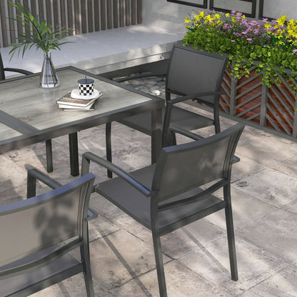 Garden Set with 6 Stackable Mesh Fabric Chairs and Wood Effect Table, Grey