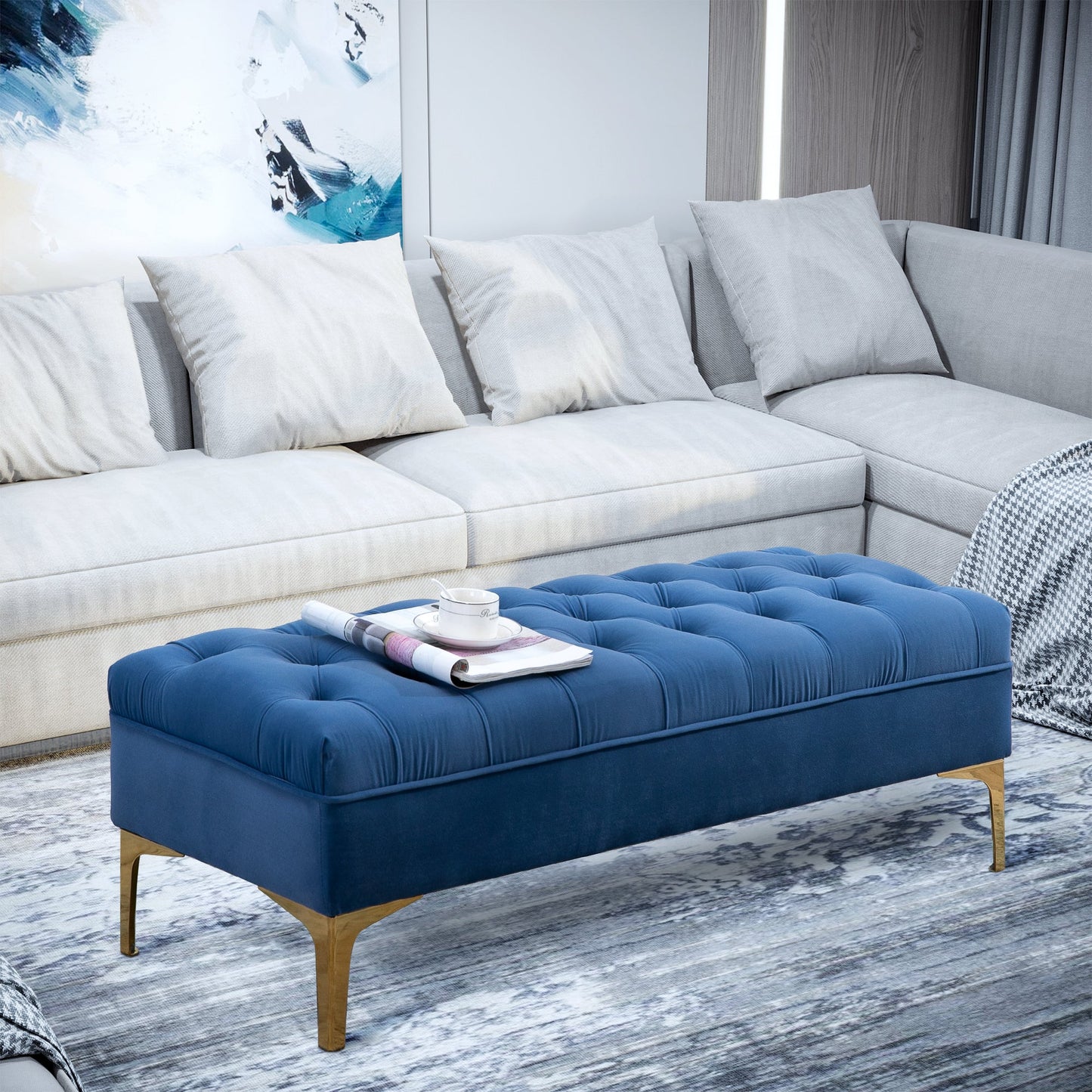 Upholstered Bench Bed Base in Velvet Fabric and Gold Metal Base, 118x45x42 cm, Blue