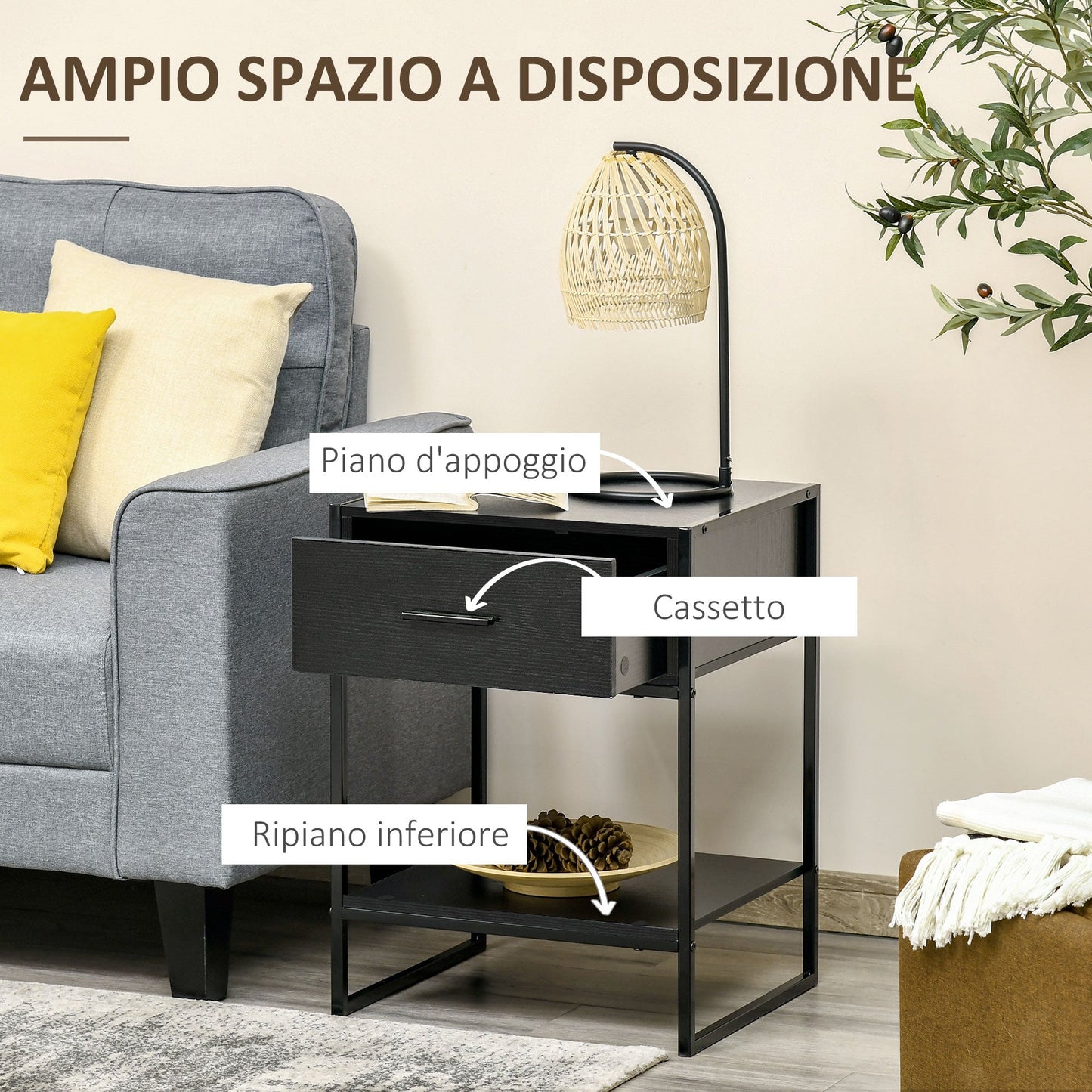 Modern bedside table set 2 pieces with drawer and open shelf, in mdf and steel, 45x40x60cm, black