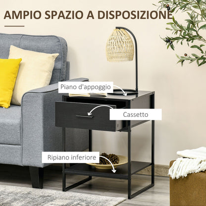 Modern bedside table set 2 pieces with drawer and open shelf, in mdf and steel, 45x40x60cm, black