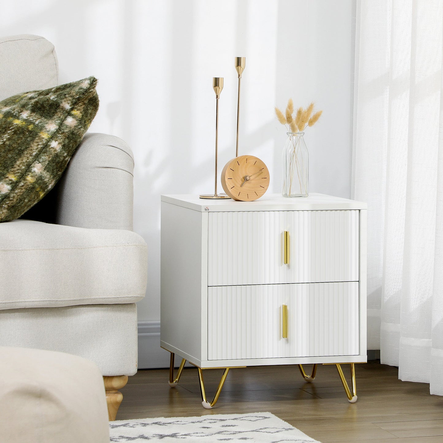 2-Drawer Wooden Nightstand with Metal Handles and Legs, 40x40x47 cm, White and Gold