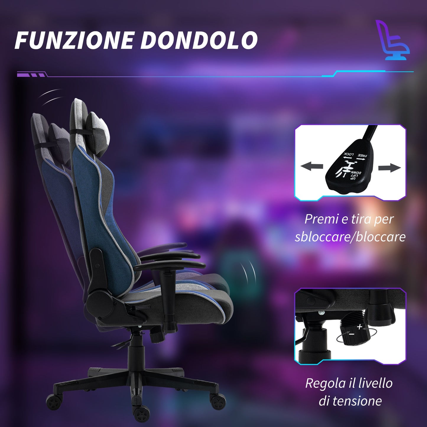 Gaming Chair, 150° Reclining with Rocking Function, in Linen Effect Fabric, 66x53x128-138 cm, Grey