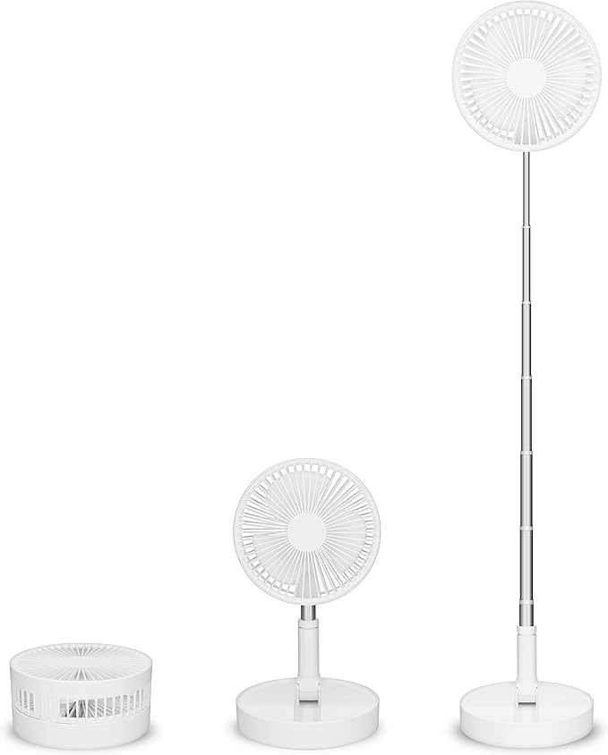 20cm Stand Fan, Plastic Blades, 2-in-1 Table & Tripod fan, Adjustable Height, Foldable, 7200mAh Li-Ion battery, White