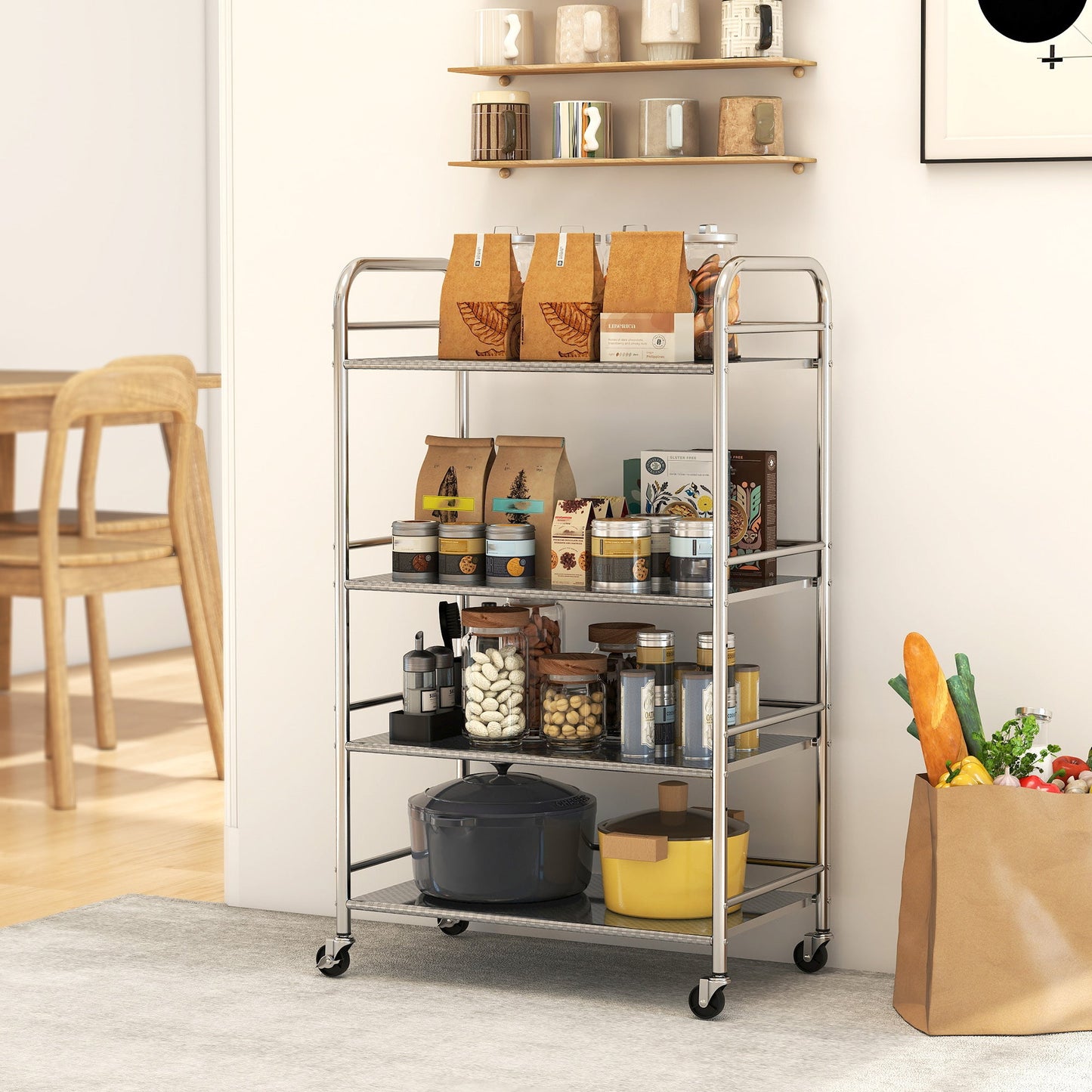 4-Tier Utility Cart with 2 Adjustable Shelves and Raised Edges, Stainless Steel, 60x35x100 cm