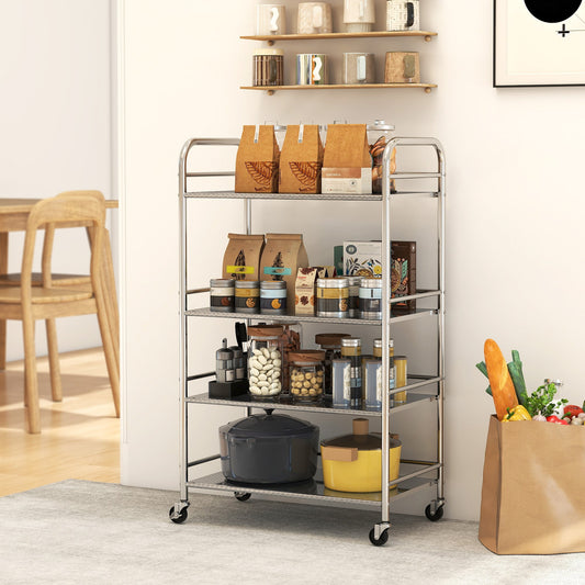 4-Tier Utility Cart with 2 Adjustable Shelves and Raised Edges, Stainless Steel, 60x35x100 cm