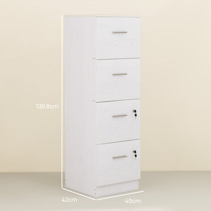 4 Drawer Office Cabinet with 2 Locks and Document Holder Bar, Wooden, 40x42x130.8 cm, White