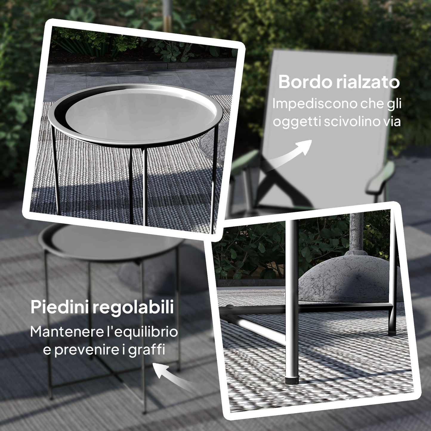 Garden Coffee Table with Removable Tray and Folding Steel Legs, Ø46x50 cm, Black