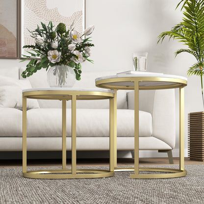 Set of 2 Coffee Tables with Marble Effect Top, in Wood and Steel, Ø50x50.5 cm and 60x36x43.5 cm, White