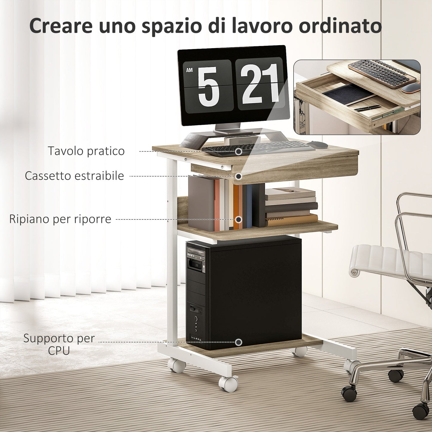 PC Desk with Sliding Drawer, 2 Shelves and 4 Wheels, in Wood and Metal, 56x51x79 cm, White and Oak