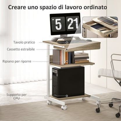 PC Desk with Sliding Drawer, 2 Shelves and 4 Wheels, in Wood and Metal, 56x51x79 cm, White and Oak