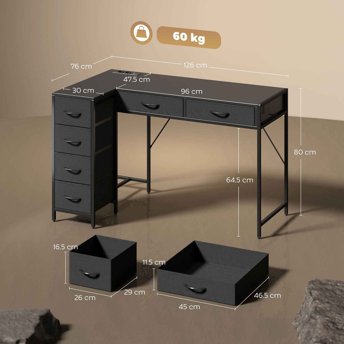 Corner Desk with 6 Drawers, Side Hook and Integrated Sockets, Wood and Steel, 126x48x80 cm, Black