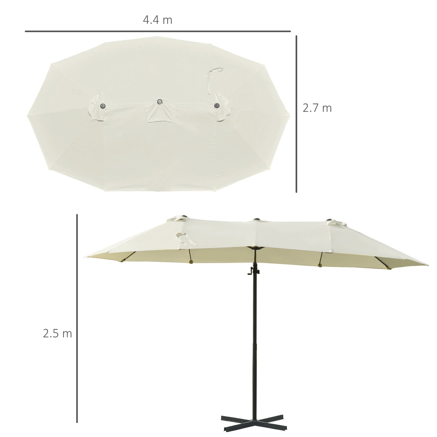Double Umbrella in Steel and Polyester Anti-UV Waterproof, 440x270x250cm, Beige
