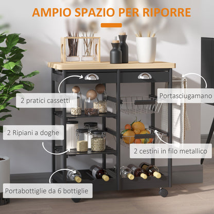 Multipurpose Kitchen Trolley Pine Wood 74 x 37 x 75cm Black