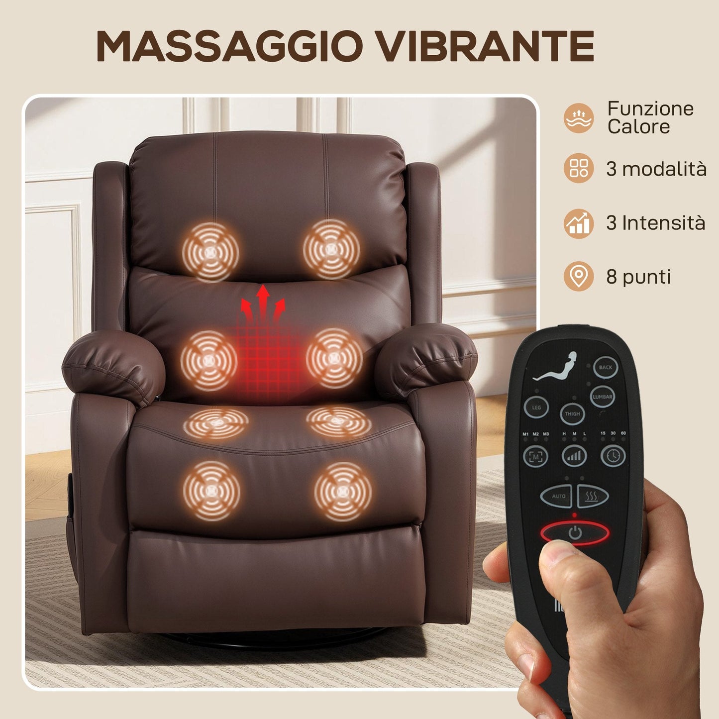 Reclining Relaxing Chair with 8 Massage Points, Heating and Footrest, 87x97x100 cm, Brown