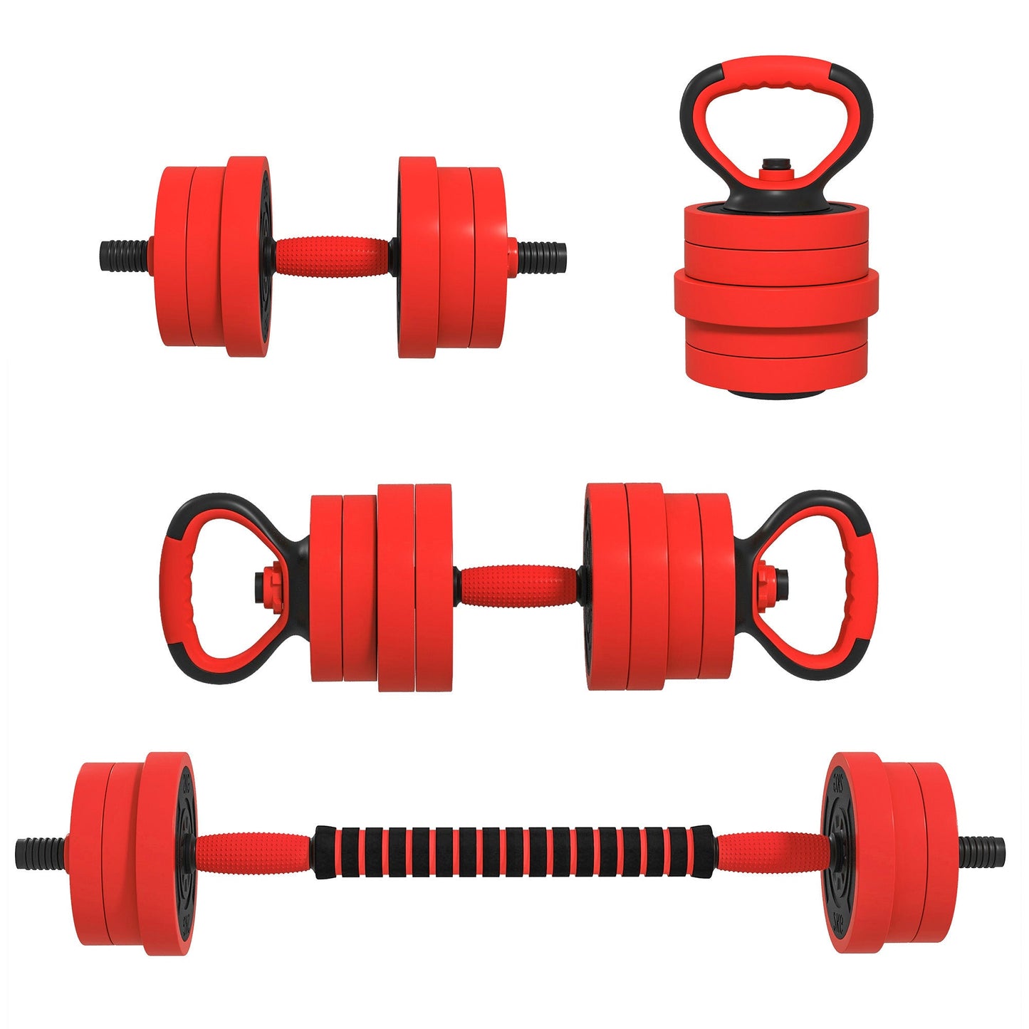 4-in-1 30kg Gym Weight Set, Convertible to Kettlebell, 2 Dumbbells, Barbell and Push-Up Stand, Red