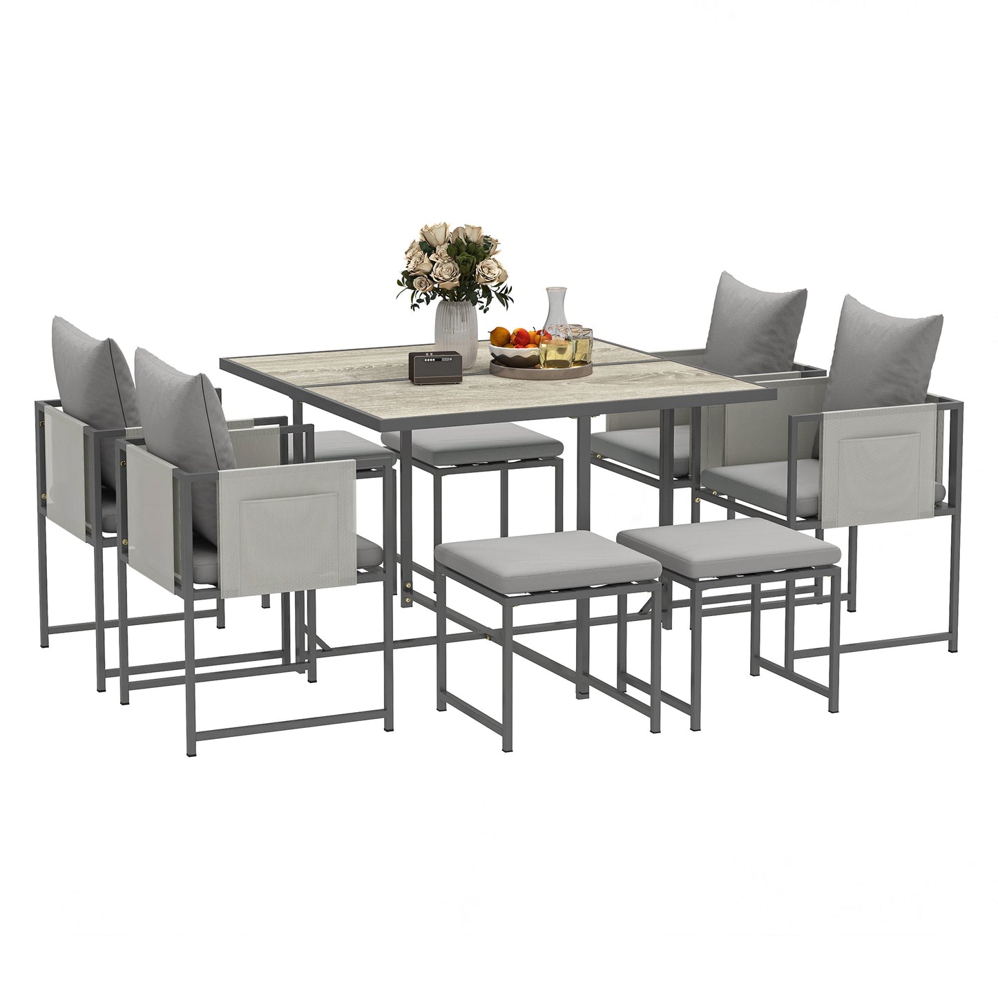 Garden Furniture Set with Dining Table, 4 Outdoor Chairs and 4 Footstools, Grey