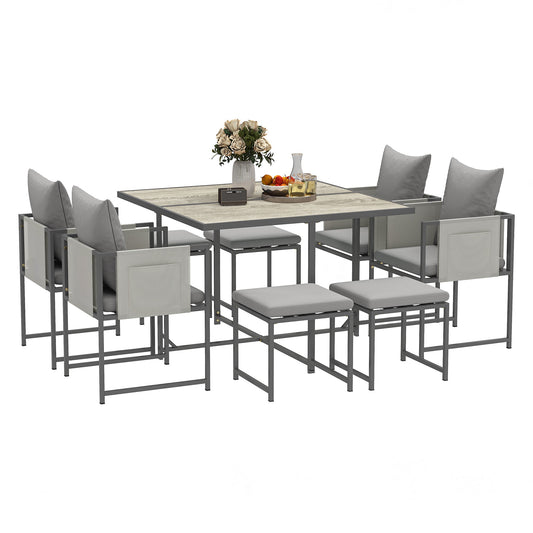 Garden Furniture Set with Dining Table, 4 Outdoor Chairs and 4 Footstools, Grey
