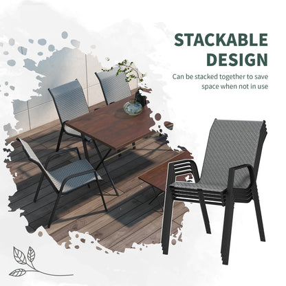 Set of 4 Stackable Garden Chairs with Armrests in PE Rattan and Steel, Grey