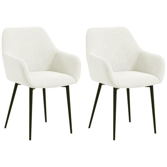 Set of 2 Nordic Dining Chairs Padded with Curved Armrests in Velvet Effect Fabric, 54x57x80 cm, Cream