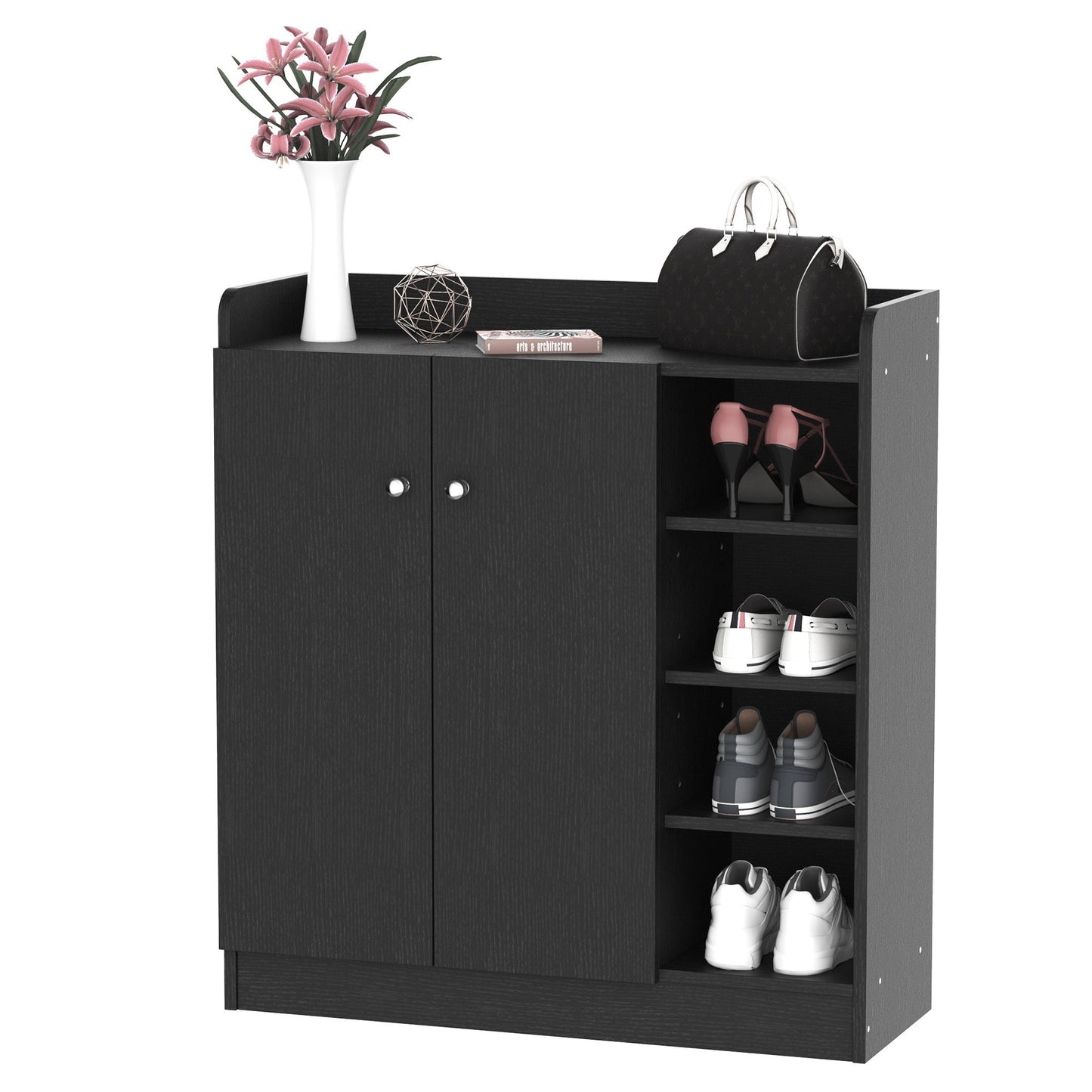 Scarpper and modern wooden saving wardrobe for 12 pairs of shoes with 4 open shelves, 83x30x90 cm, black