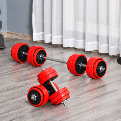 2-in-1 Barbell and Dumbbell Set, 30kg Weights, Discs with Scratch-Resistant Plastic Coating, Red and Black