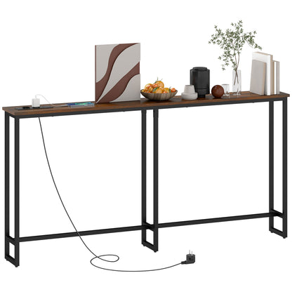 Industrial Style Console Table with Charging Station, in Wood and Steel, 160x20x80 cm, Brown