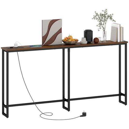 Industrial Style Console Table with Charging Station, in Wood and Steel, 160x20x80 cm, Brown