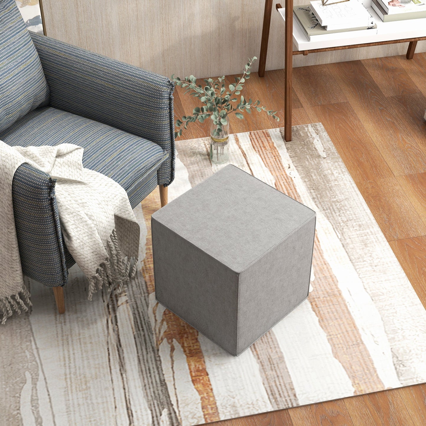 Square Footstool 2 in 1 with Removable Linen Effect Fabric Cover, 41x41x41 cm, Light Grey