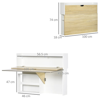 Folding Wall Mounted Desk Space Saving with Shelves for Home and Office, Chipboard, 100x18x74 cm