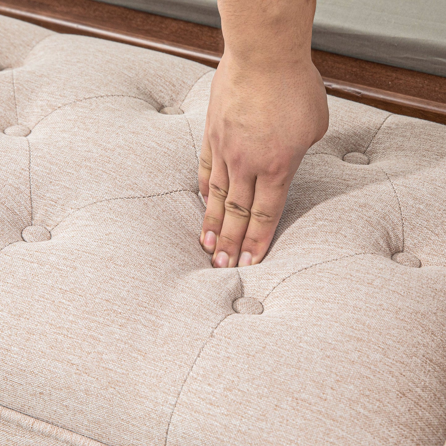 Padded and Buttoned Bed End Bench, in Linen and Wood Effect Fabric, 141x44x65 cm, Beige