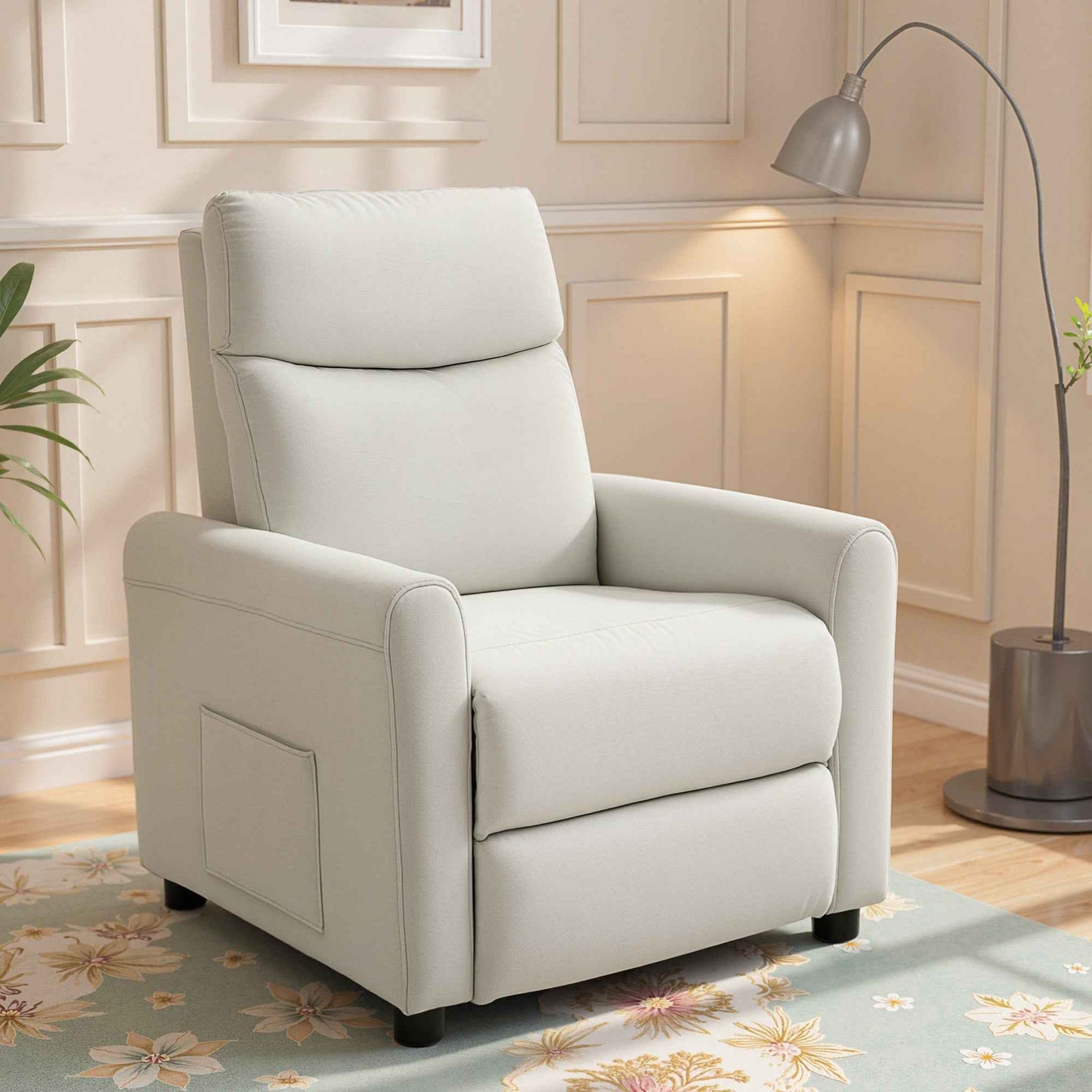 Reclining Chair 135° max in Linen Effect Fabric, Foam, Steel and Wood, 73x86x100 cm, Cream White