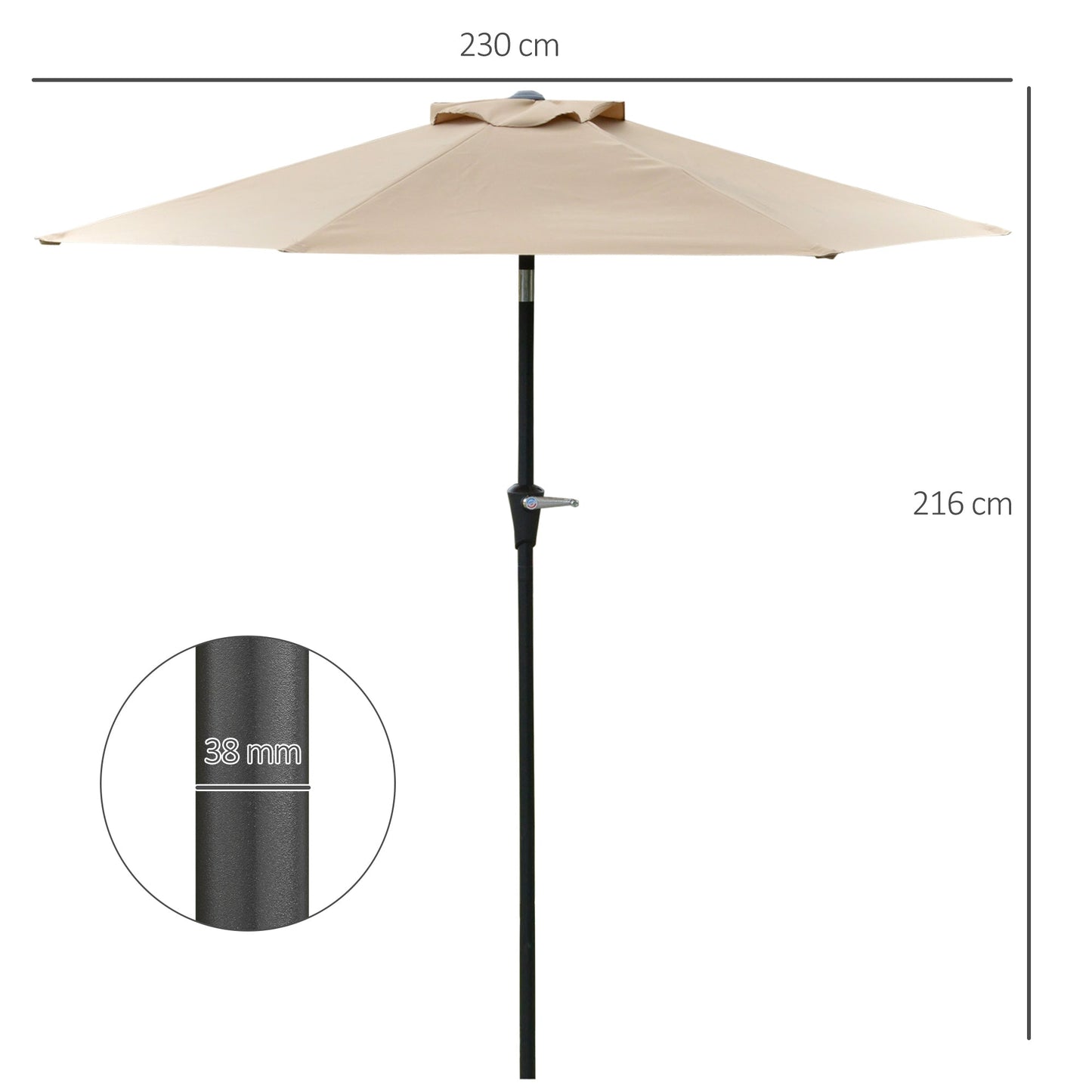 2.3x2m Tilting Garden Umbrella with Crank Opening and 6 Ribs, Khaki