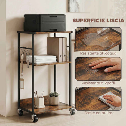 HOMCOM Industrial Printer Table 3 Tier, Wheels and Hooks, Rustic Brown.