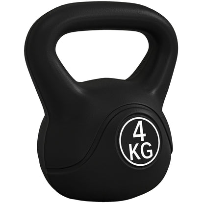 Kettlebell 4kg in Plastic and Sand with Flat Base and Handle, 18x12x20 cm, Black