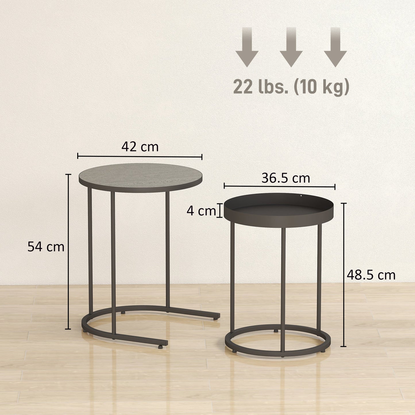 Set of 2 Industrial Style Stackable Coffee Tables, Wood and Metal, Ø42x54 cm and Ø36.5x48.5 cm, Grey and Black