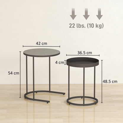 Set of 2 Industrial Style Stackable Coffee Tables, Wood and Metal, Ø42x54 cm and Ø36.5x48.5 cm, Grey and Black