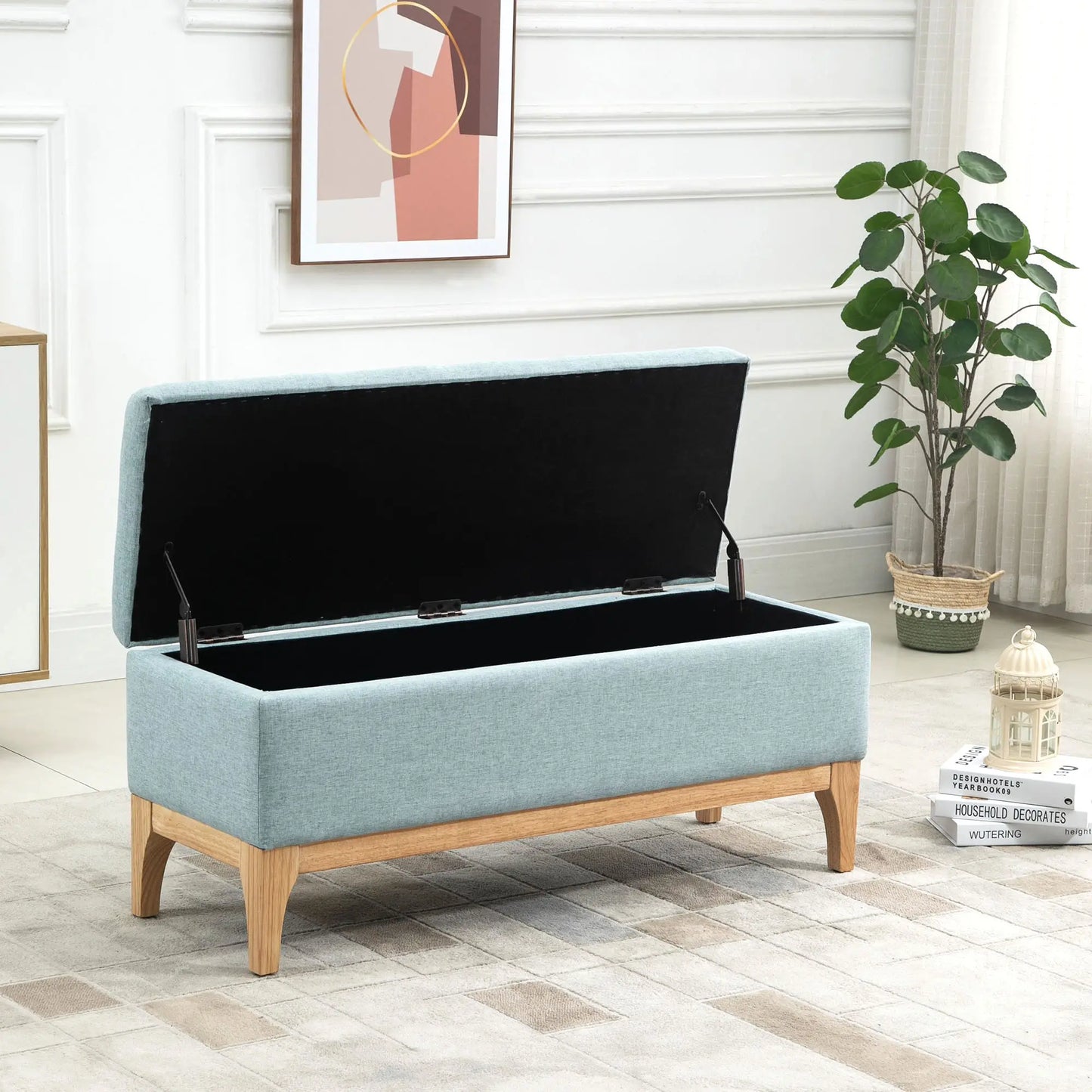 Scandinavian Design Fabric Upholstered Storage Bench, 110x39x45Hcm - Light Blue