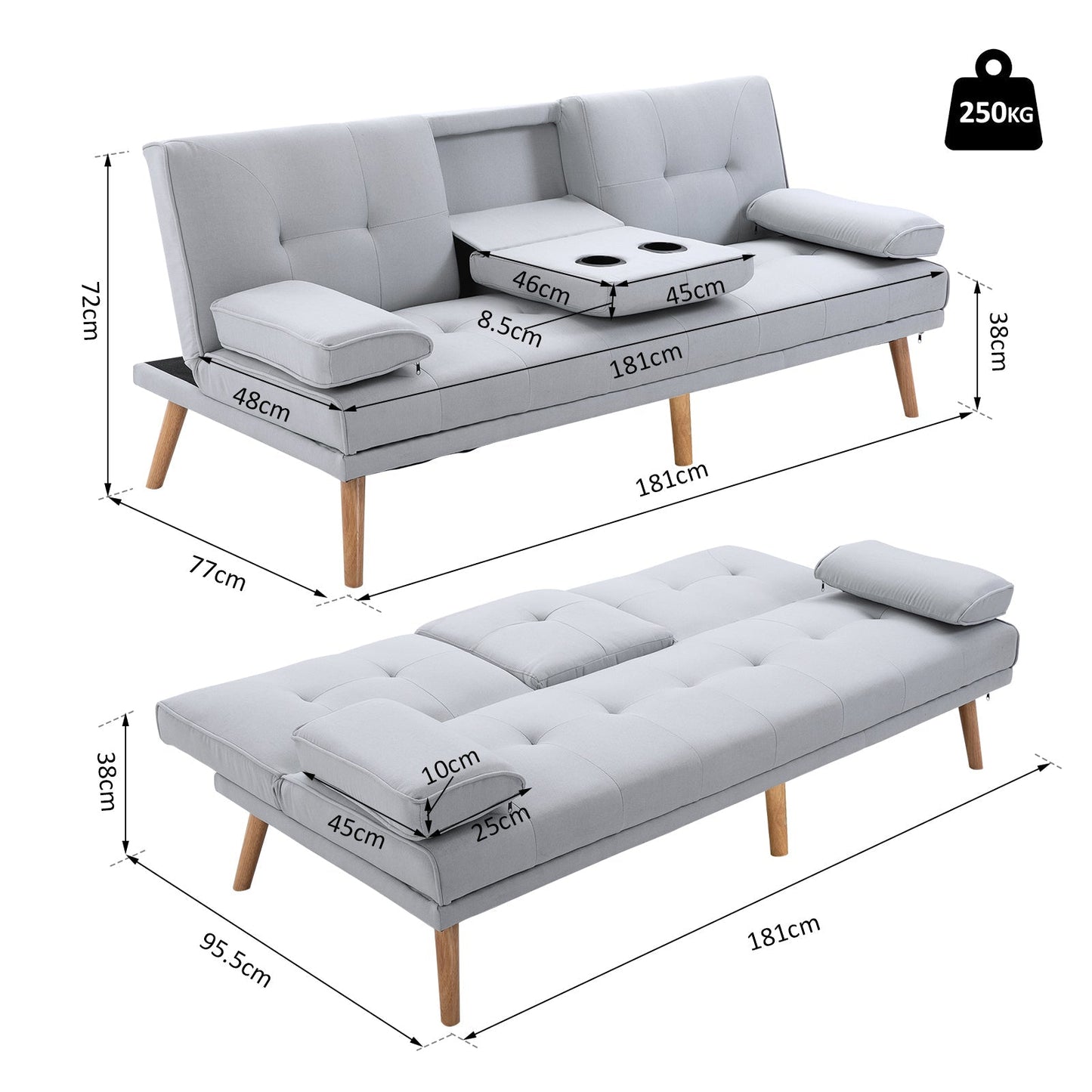 3 Seater Scandinavian Style Reclining Sofa Bed with Drop-Leaf Table, 181x77x88 cm, Grey