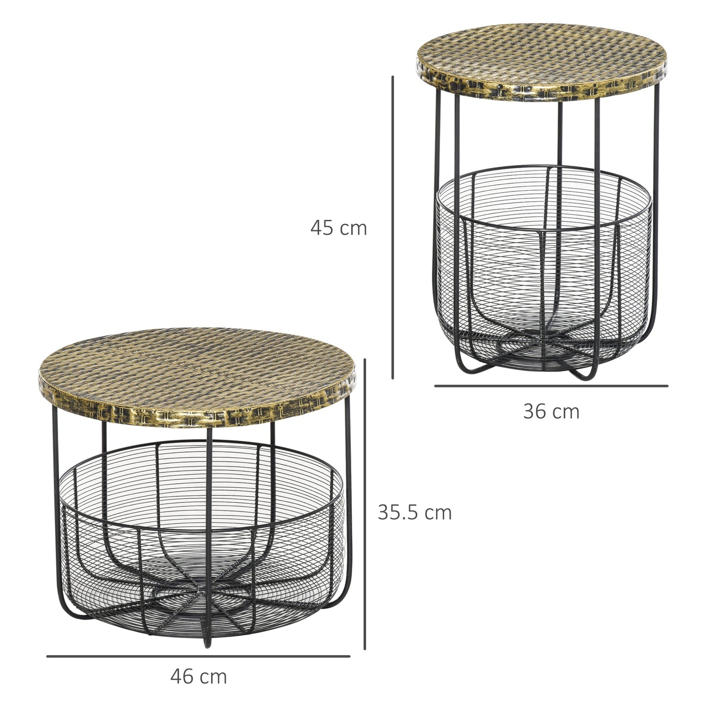 Set of 2 Metal Garden Coffee Tables with Baskets, Industrial Style Outdoor Furniture in Black