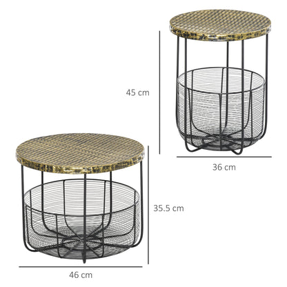 Set of 2 Metal Garden Coffee Tables with Baskets, Industrial Style Outdoor Furniture in Black