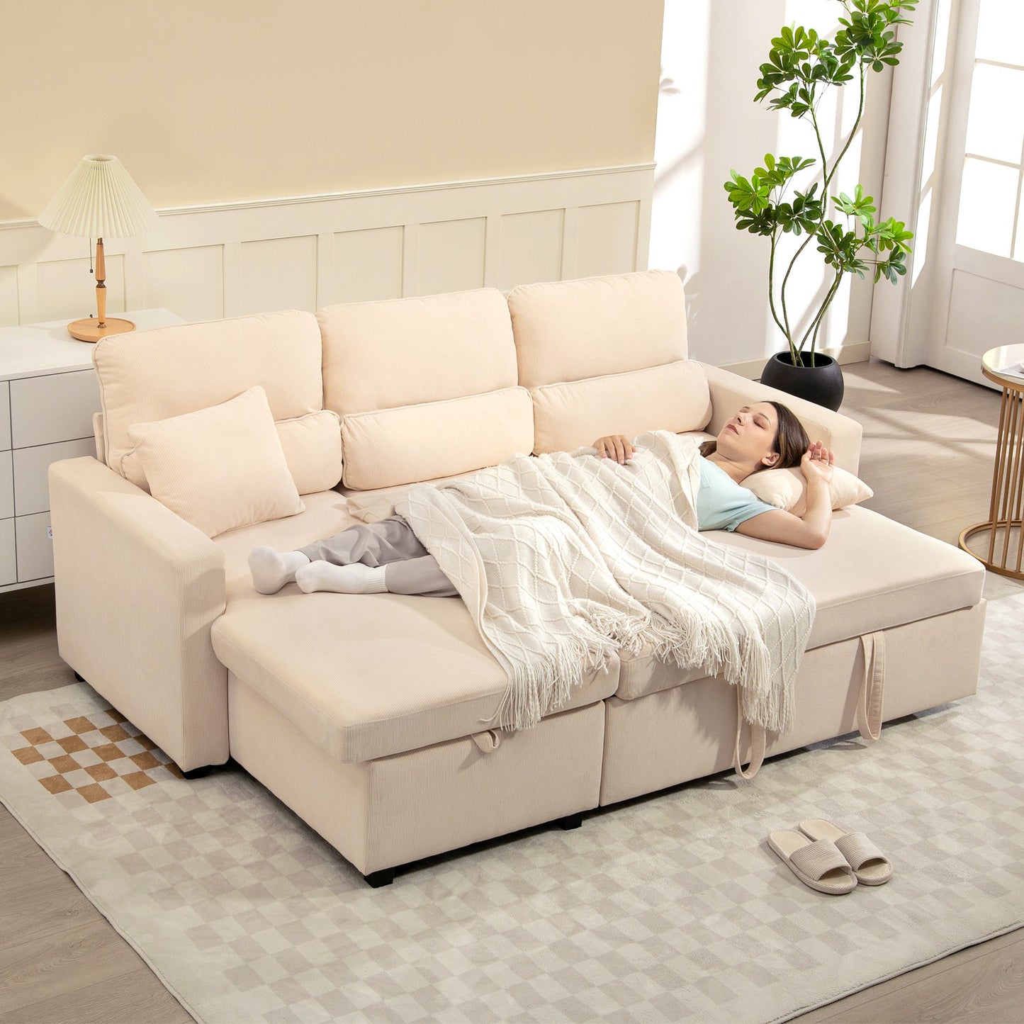 Corner Sofa Bed with Storage, Corduroy Upholstery and 2 Cushions, 205x135x76 cm, Beige