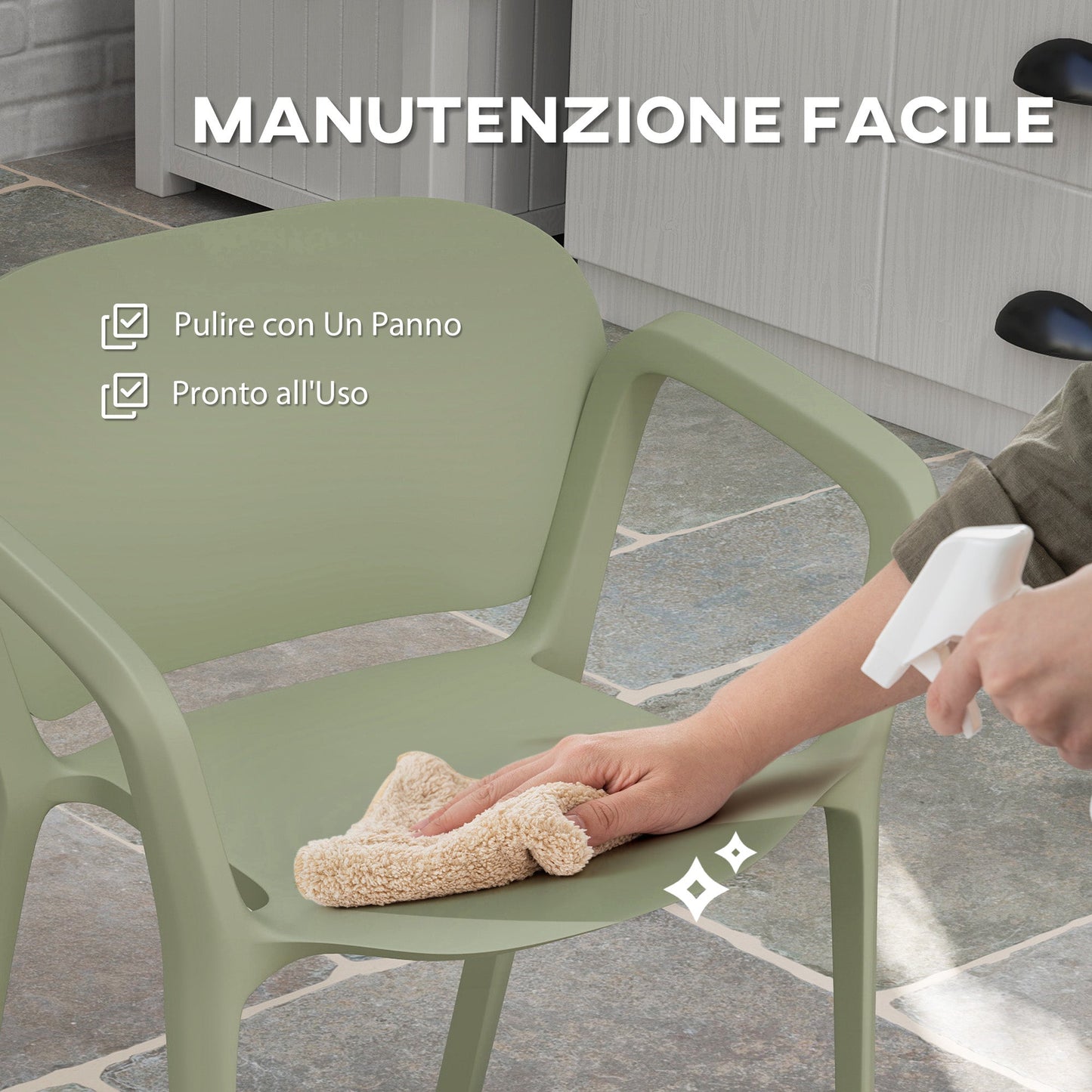 Set of 4 Stackable Garden Chairs in PP with Modern Design with Armrests 60x56x75 cm, Green