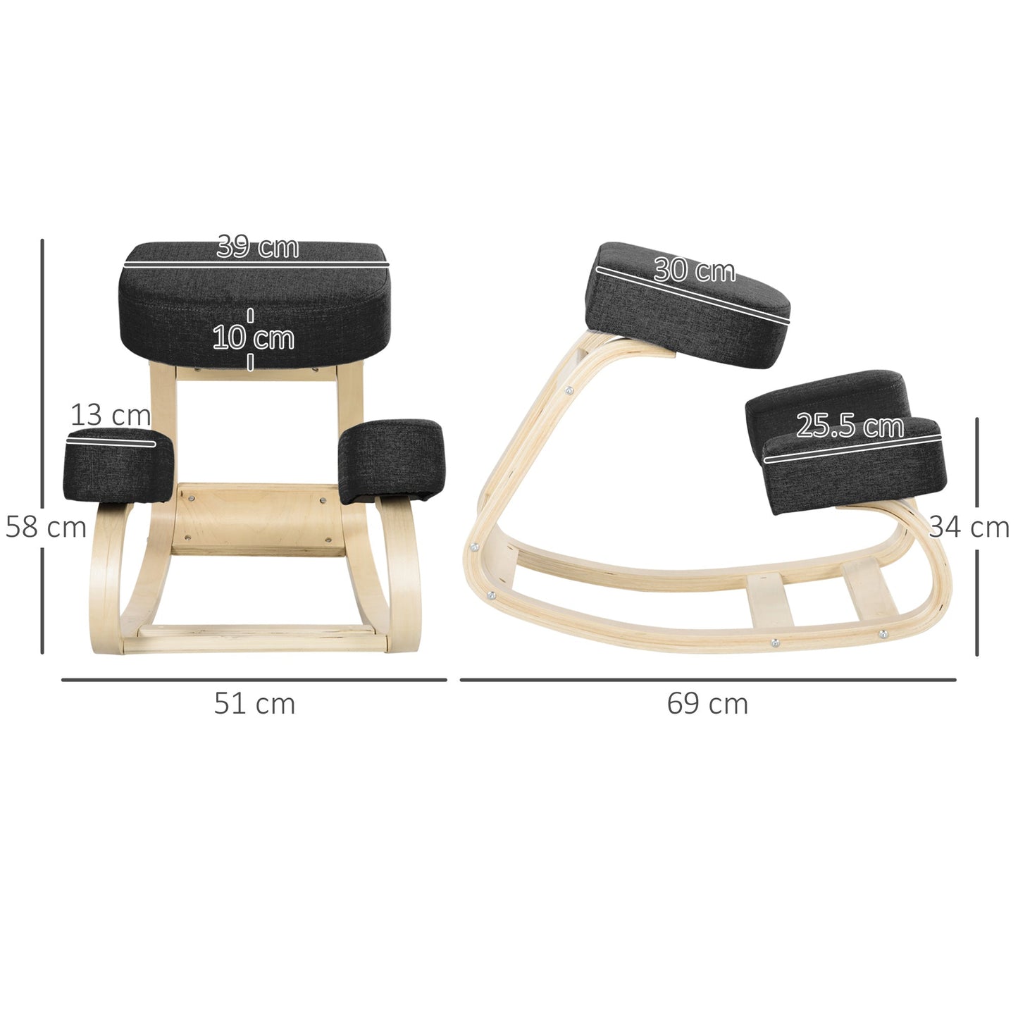 Ergonomic Kneeling Chair in Birch Wood and Cushion, 51x69x58cm, Black