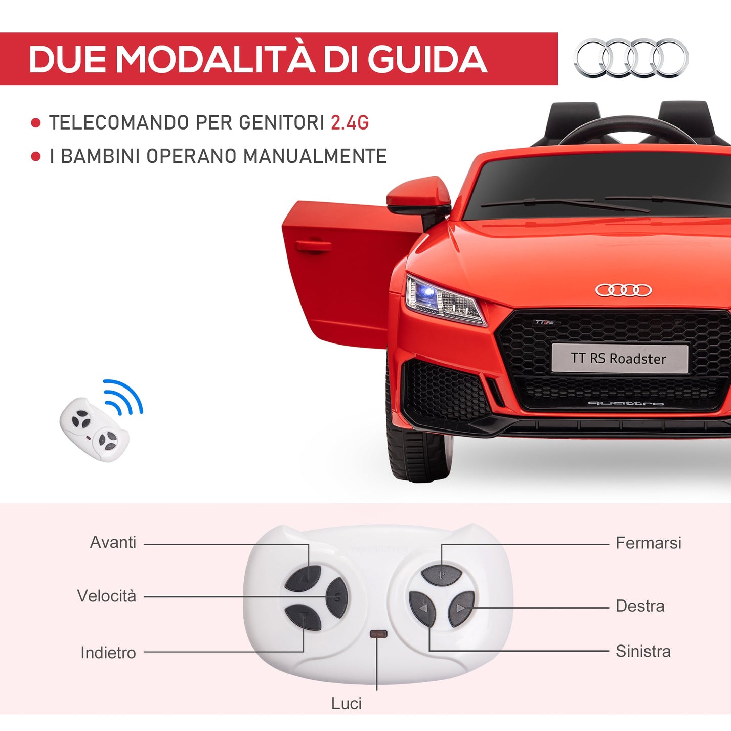 Electric Car for Children 3-5 Years Licensed AUDI TT with Remote Control and LED Headlights, 102x60x44 cm, Red