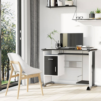 Computer Desk with Shelf, Drawer and Cabinet, in MDF and Iron, 100x52x75 cm, White and Black