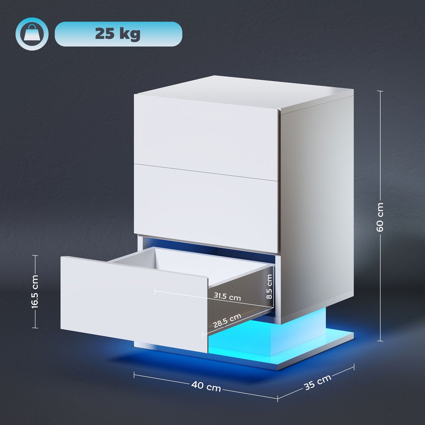 Modern Bedside Table with Adjustable LED Light with Remote Control and 3 Drawers, 40x35x60 cm, Glossy White