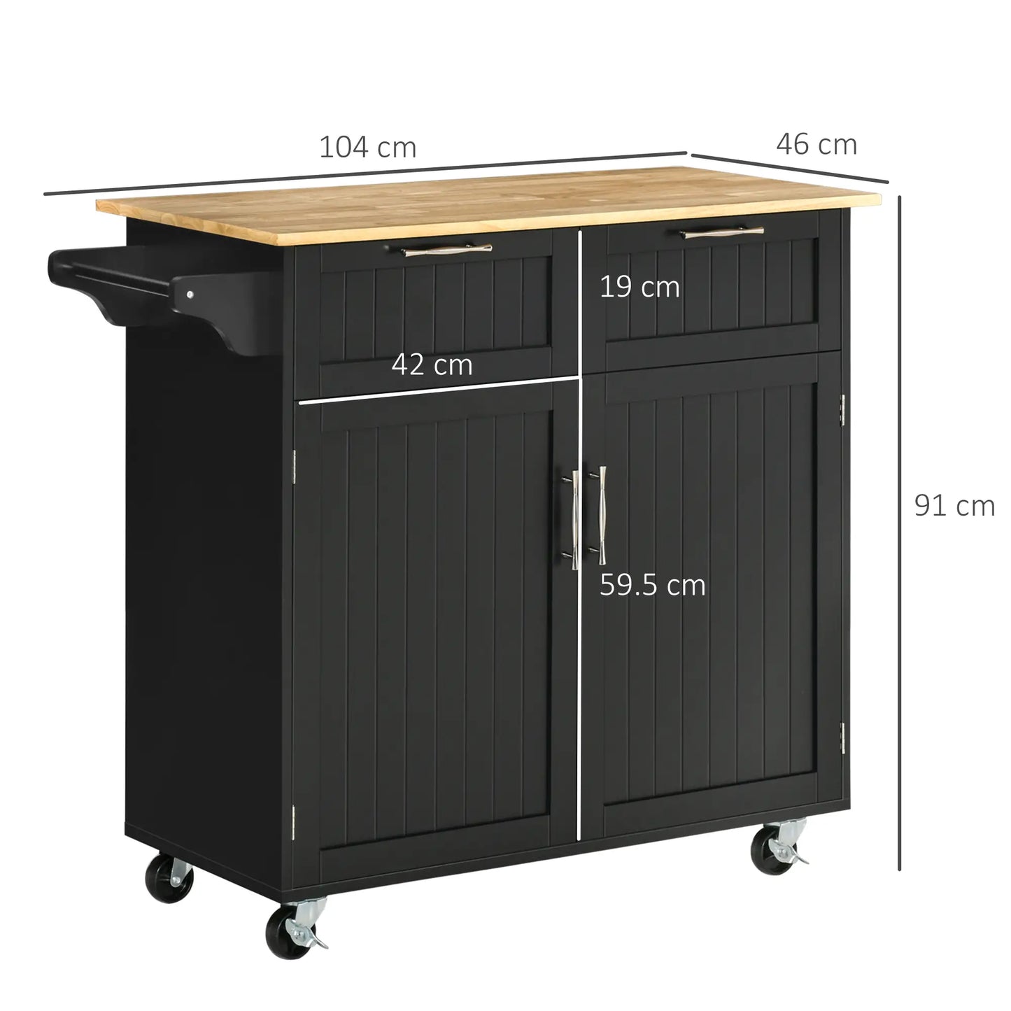 Multipurpose Wooden Kitchen Cart with 2 Drawers, Cabinet and 4 Wheels, 104x46x91cm, Black