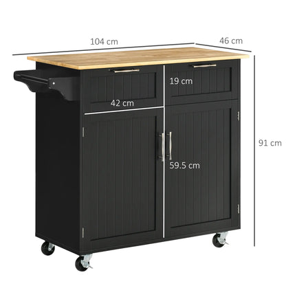Multipurpose Wooden Kitchen Cart with 2 Drawers, Cabinet and 4 Wheels, 104x46x91cm, Black