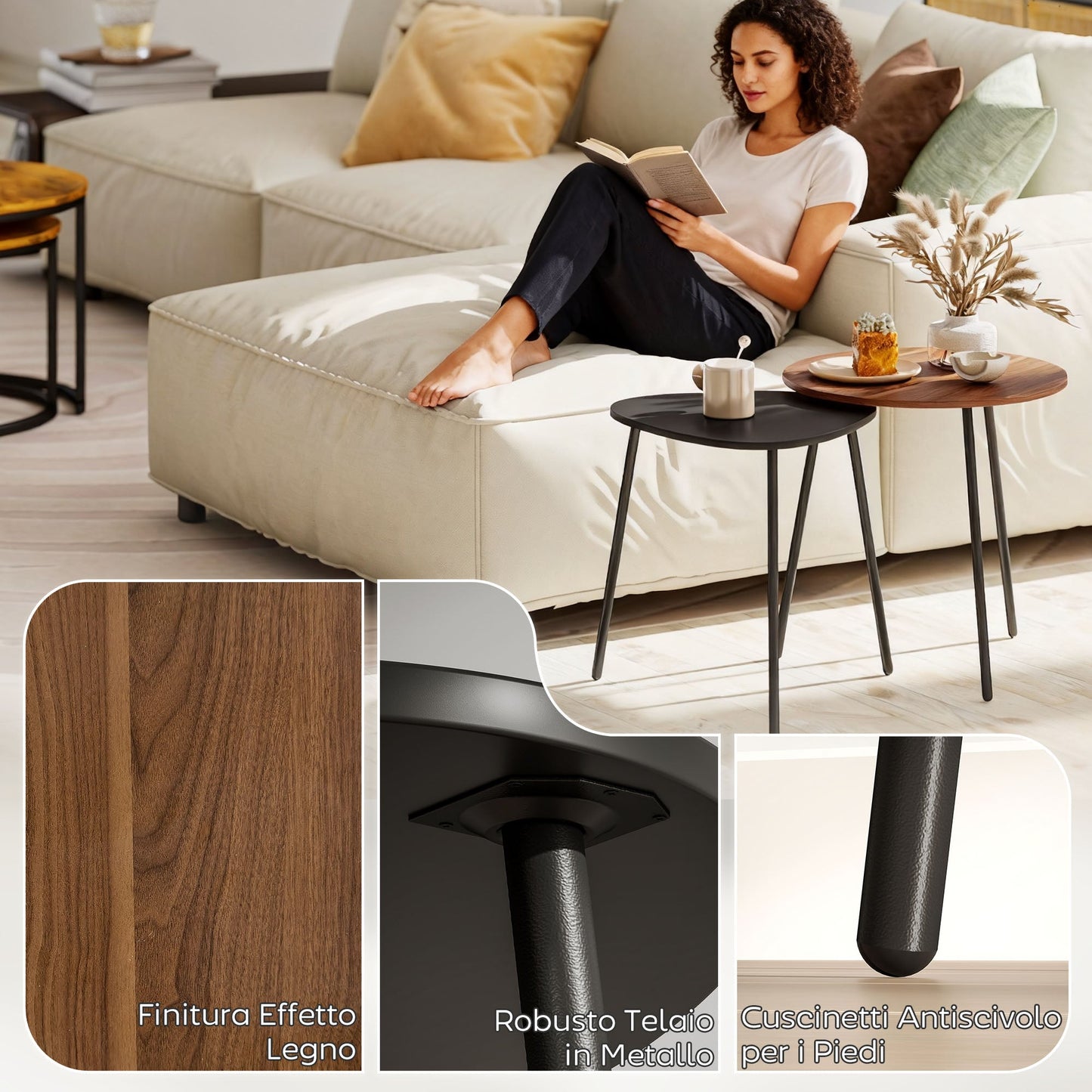 Set of 2 Stackable Coffee Tables with Metal Frame for Living Room and Office, Walnut and Black